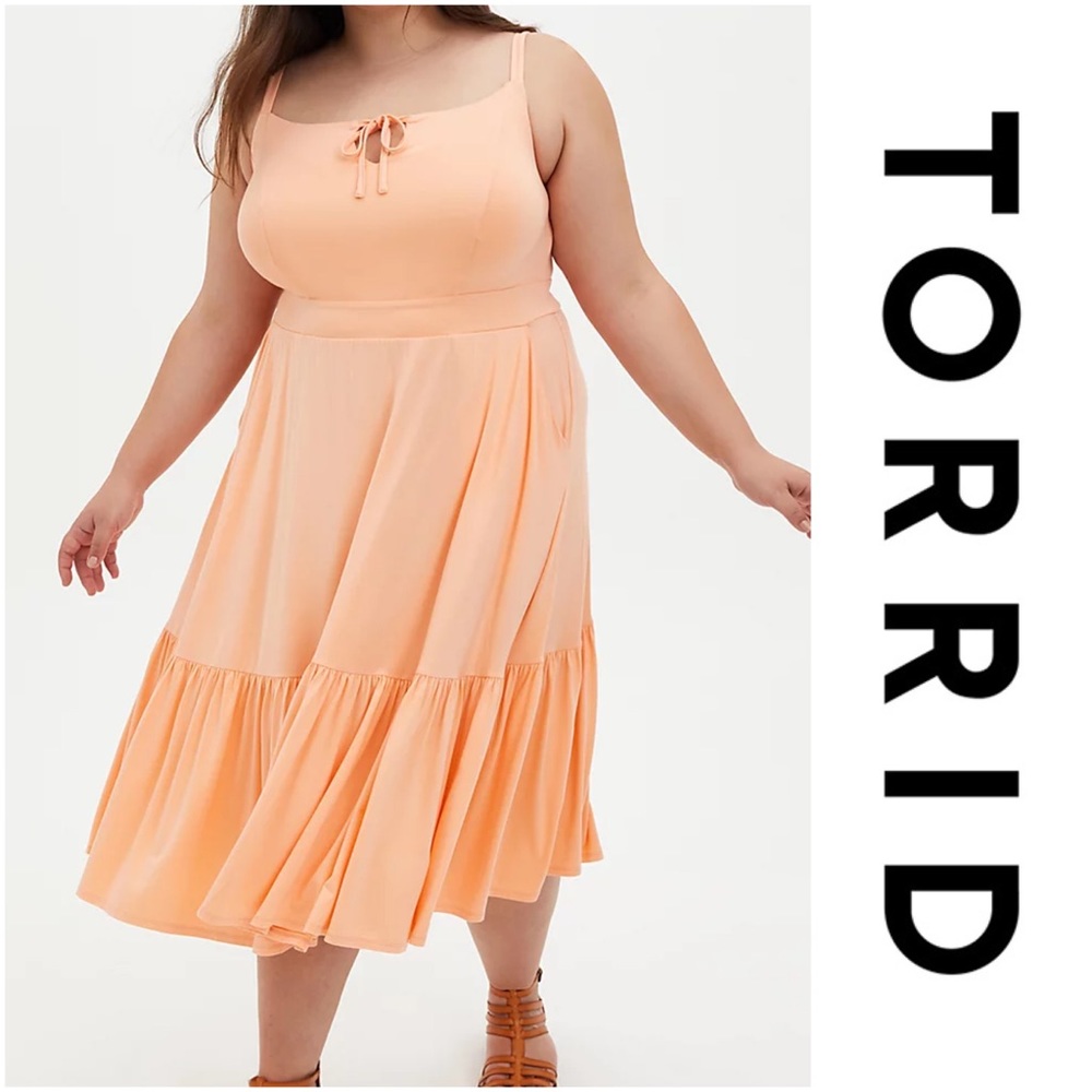 SUPER SOFT PEACH TIE-FRONT TIERED MIDI DRESS